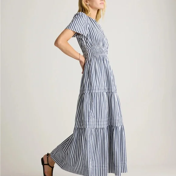 Quince 100% Organic Cotton Polin Tiered Maxi Dress / Hudson Stripe/L - Picture 5 of 11